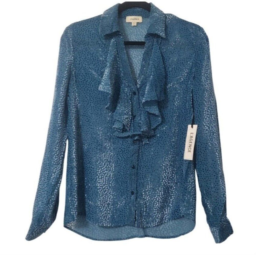 L'AGENCE Tabitha Velvet Scattered Dot Burnout ButtonUp Blouse with Ruffle Detail